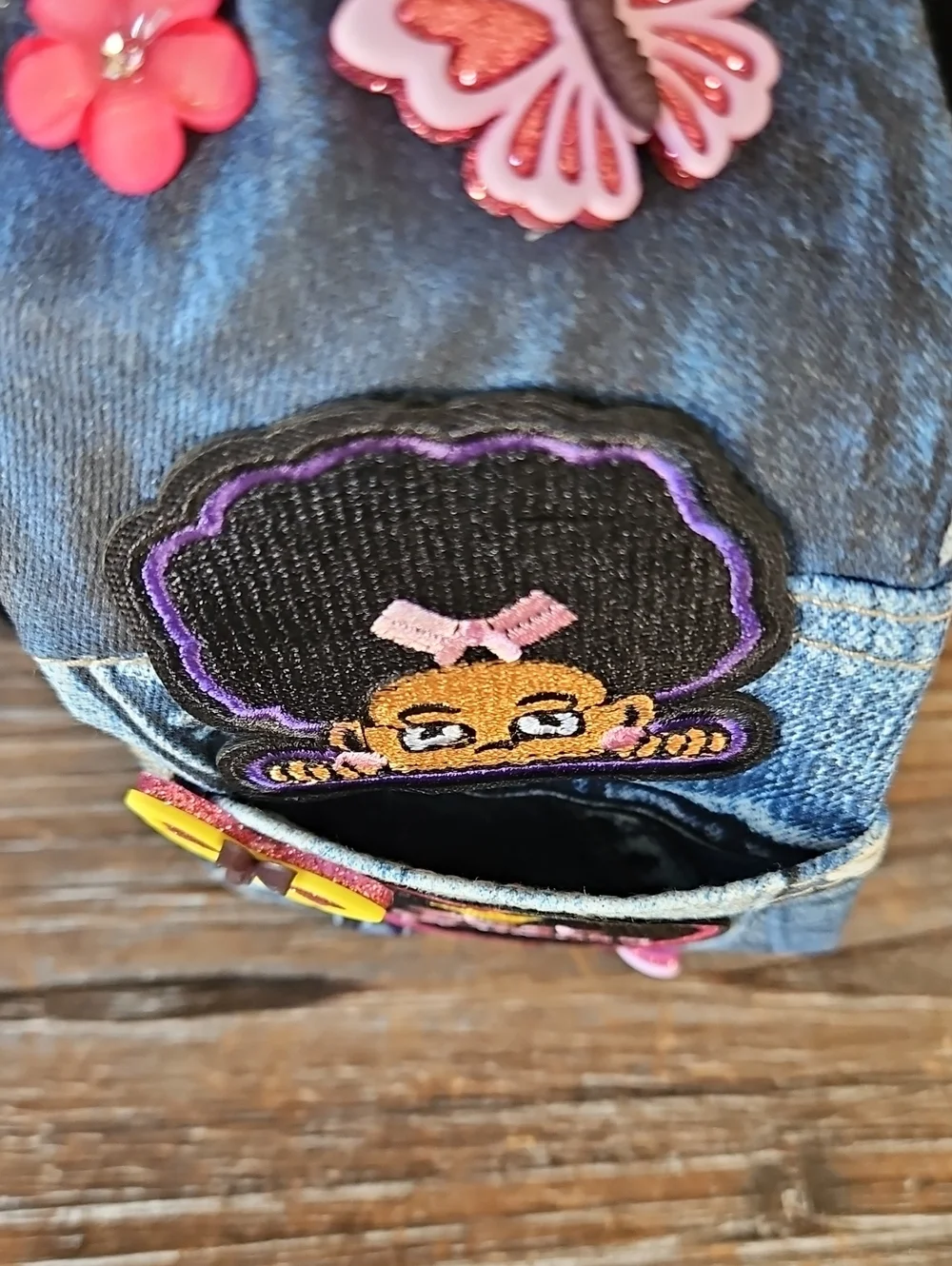 Kids Custom made Denim Tie with Colorful Butterflies & 'Black Princess' Patch